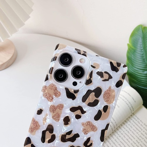 Black Pearl Rose Gold Glitter Cheetah Leopard Square iPhone 12 13 PRO MAX Case - Picture 4 of 10